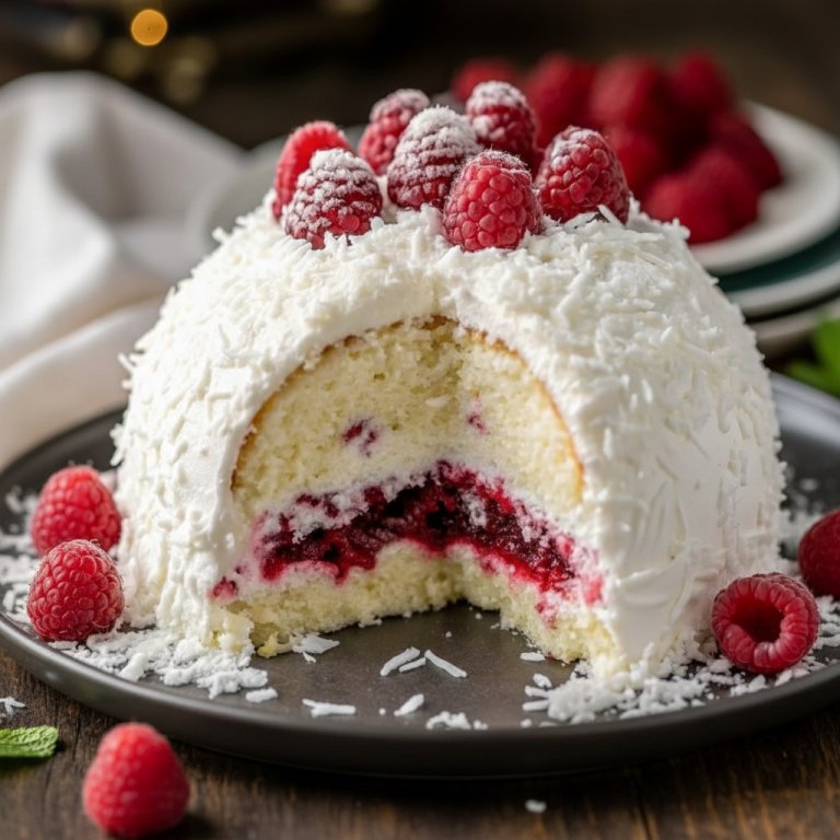 Fluffy Raspberry Swirl Coconut Snowball Cake