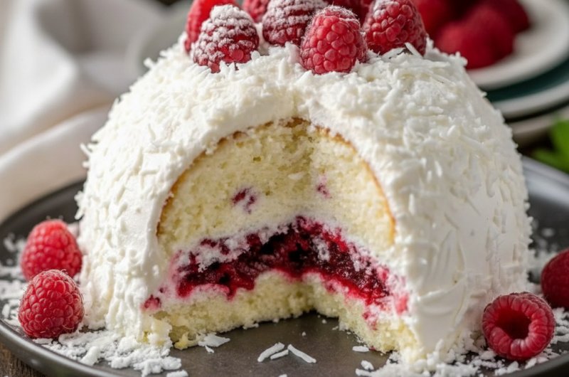 Fluffy Raspberry Swirl Coconut Snowball Cake