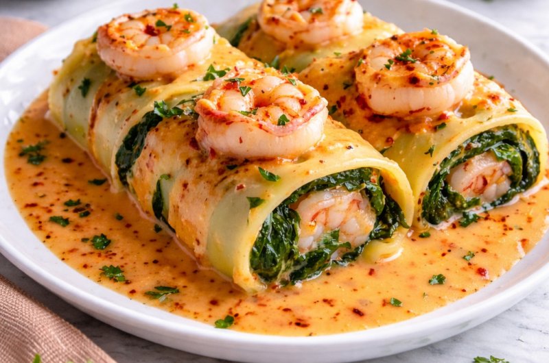 Creamy Shrimp And Spinach Stuffed Pasta Rolls With Roasted Red Pepper Cream