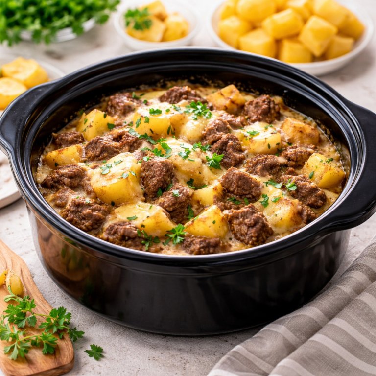 Hearty Crockpot Loaded Steak And Potato Bake