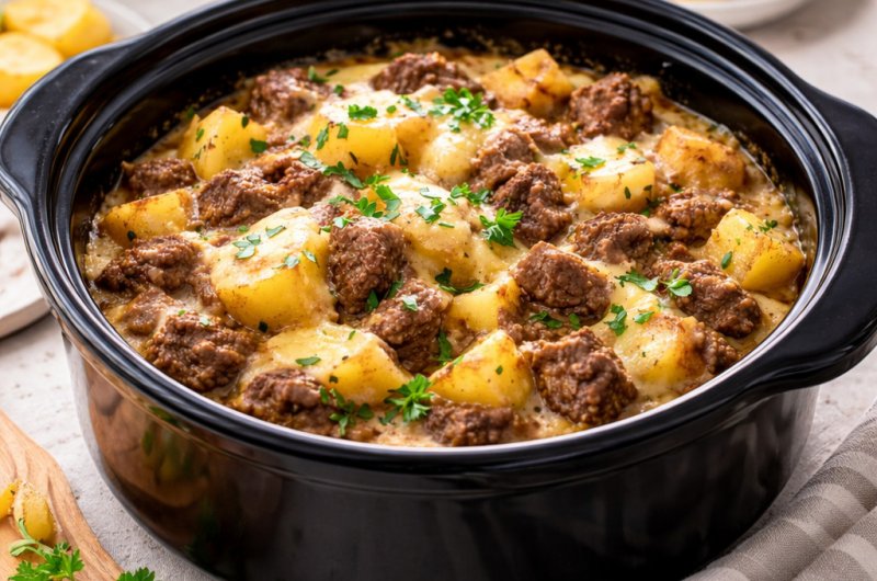 Hearty Crockpot Loaded Steak And Potato Bake